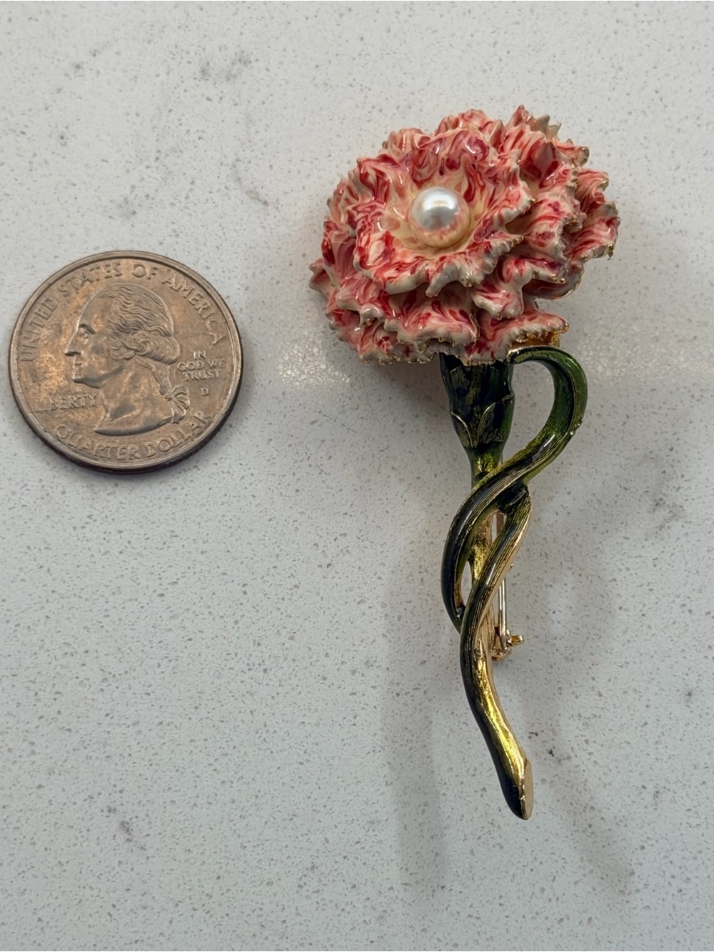 Vtg. Hattie Carnegie Pink Carnation Brooch 22g 3β Faux Pearl Worn Carnegie Mark - Picture 8 of 9